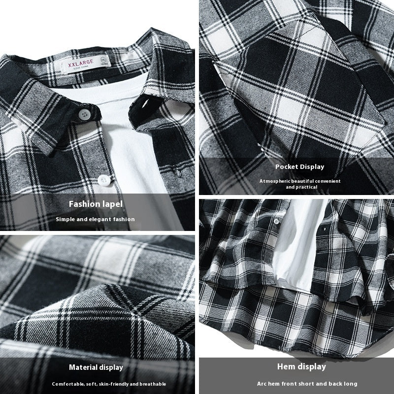 Japanese Style Plaid Long Sleeve Shirt Men Loose-fitting Workwear Jacket - Roller
