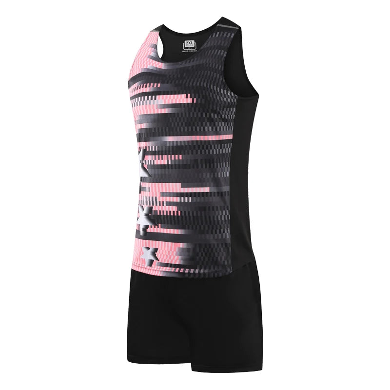 Men Sports Suits Quick Dry Slim Fit Marathon Running Track And Field Tracksuits Fashion Prints Gym Sportswear Vest+Shorts Set - Roller