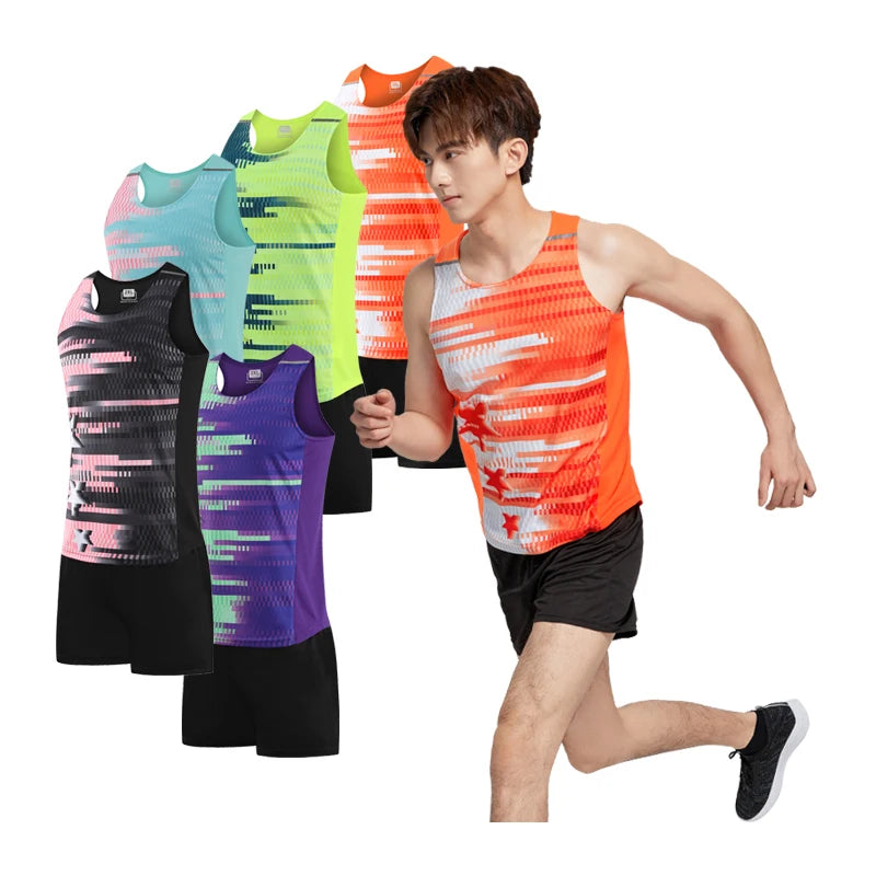 Men Sports Suits Quick Dry Slim Fit Marathon Running Track And Field Tracksuits Fashion Prints Gym Sportswear Vest+Shorts Set - Roller