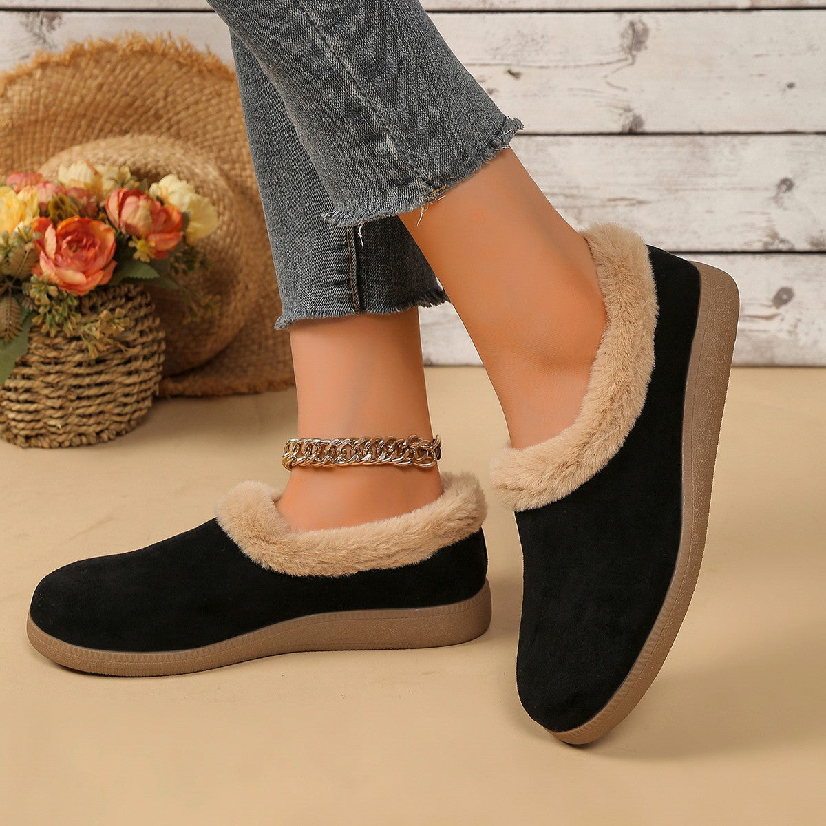 Fur Mouth Thick Bottom Short Snow Boots - Roller
