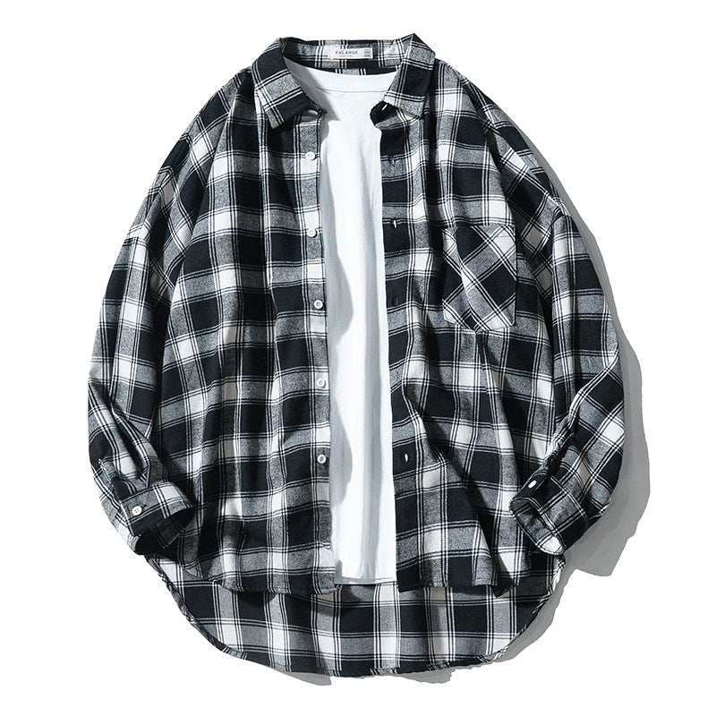 Japanese Style Plaid Long Sleeve Shirt Men Loose-fitting Workwear Jacket - Roller