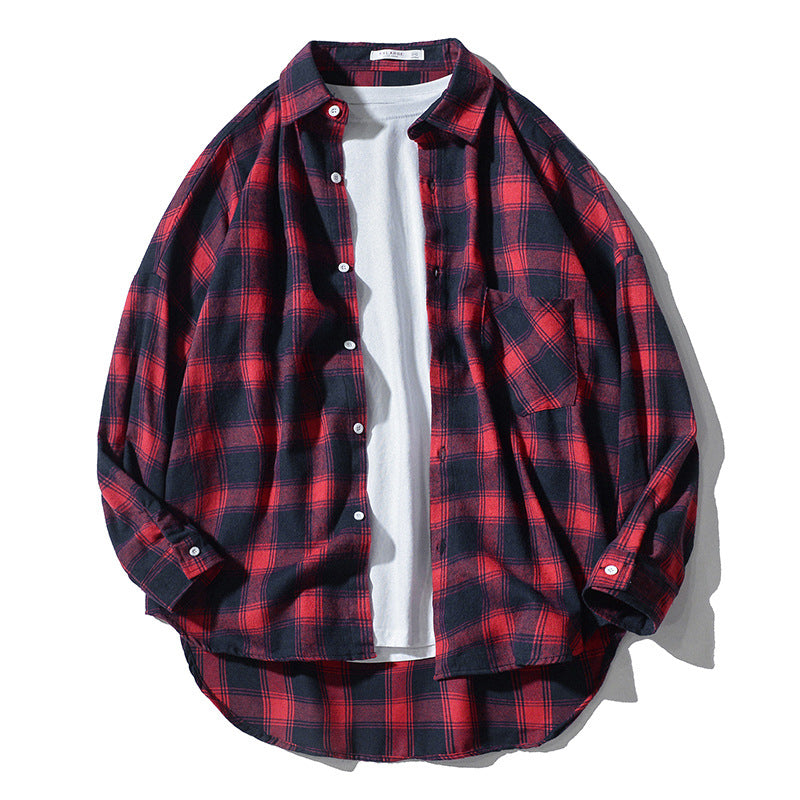 Japanese Style Plaid Long Sleeve Shirt Men Loose-fitting Workwear Jacket - Roller