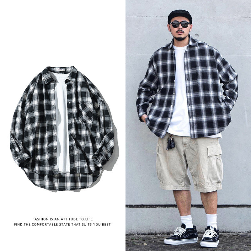 Japanese Style Plaid Long Sleeve Shirt Men Loose-fitting Workwear Jacket - Roller