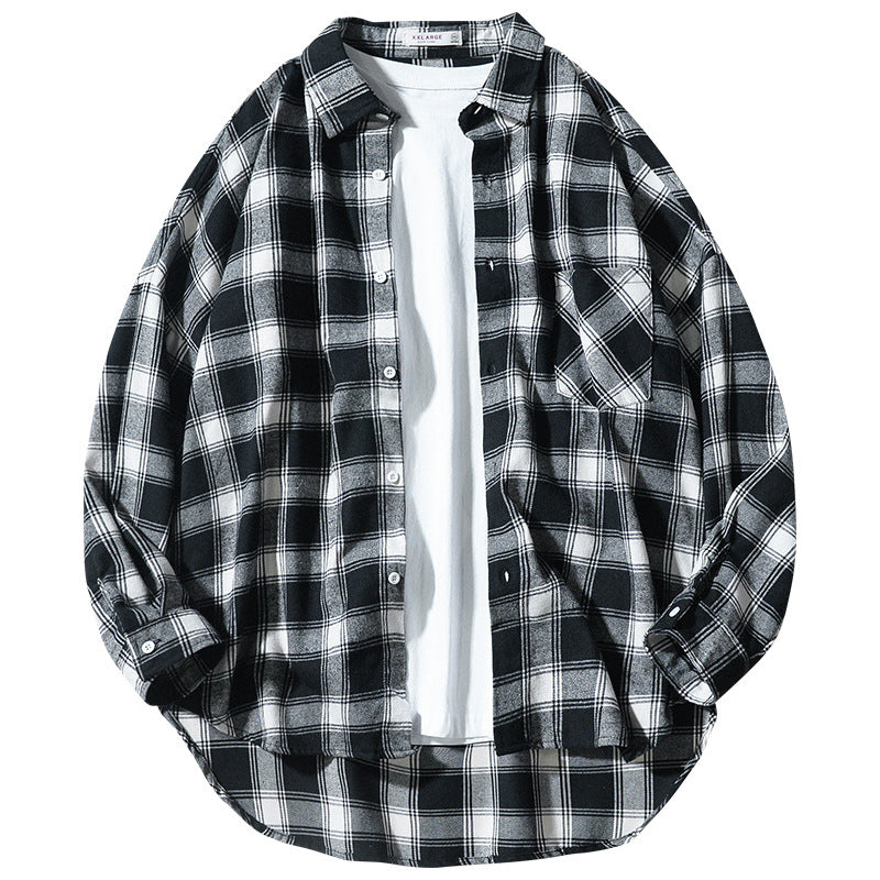 Japanese Style Plaid Long Sleeve Shirt Men Loose-fitting Workwear Jacket - Roller