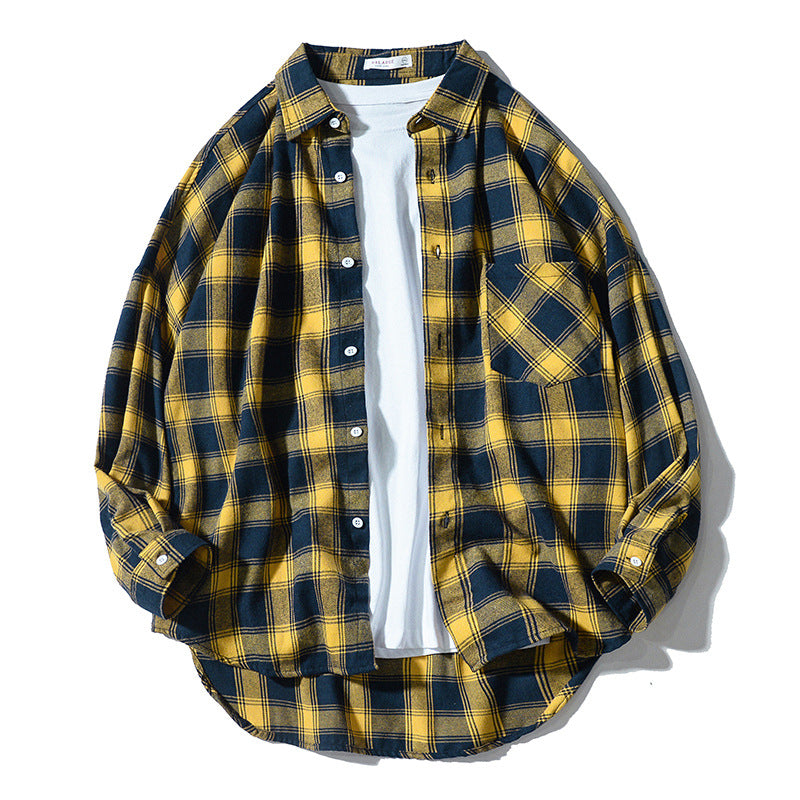 Japanese Style Plaid Long Sleeve Shirt Men Loose-fitting Workwear Jacket - Roller