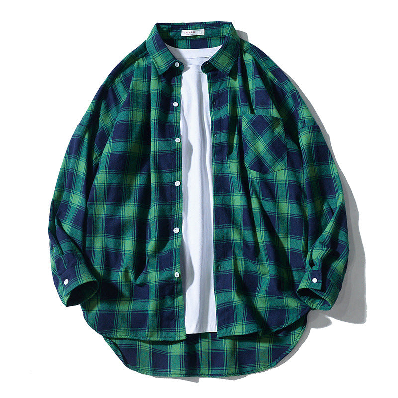 Japanese Style Plaid Long Sleeve Shirt Men Loose-fitting Workwear Jacket - Roller