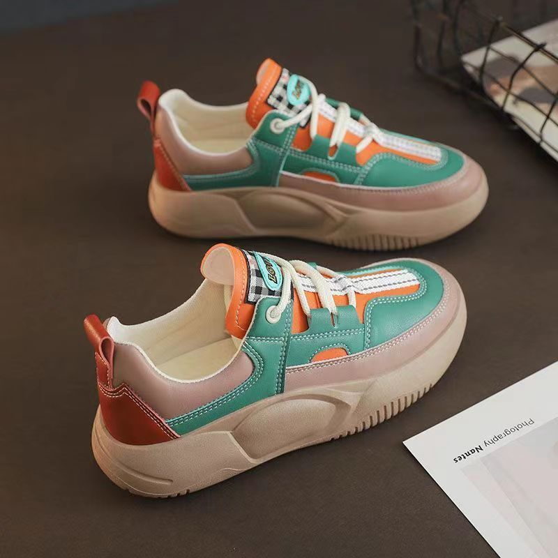 Women's Fashion Thick-soled Leather Stitching Sneakers - Roller