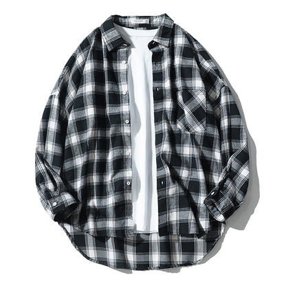 Japanese Style Plaid Long Sleeve Shirt Men Loose-fitting Workwear Jacket - Roller