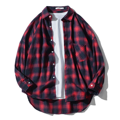 Japanese Style Plaid Long Sleeve Shirt Men Loose-fitting Workwear Jacket - Roller