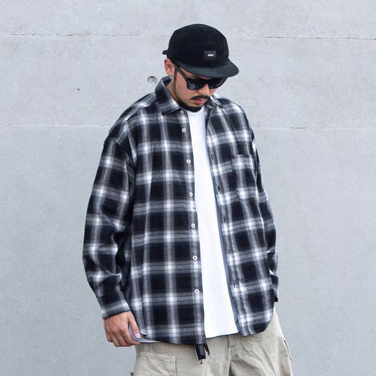 Japanese Style Plaid Long Sleeve Shirt Men Loose-fitting Workwear Jacket - Roller