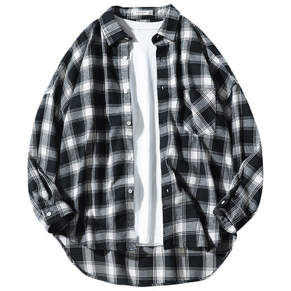 Japanese Style Plaid Long Sleeve Shirt Men Loose-fitting Workwear Jacket - Roller