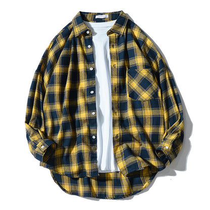 Japanese Style Plaid Long Sleeve Shirt Men Loose-fitting Workwear Jacket - Roller